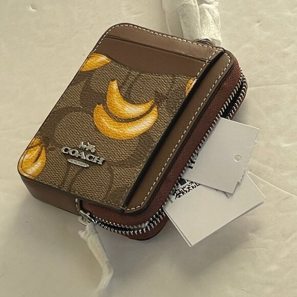 Coach Zip Card Case Banana CR833 ID Wallet Brown Canvas Leather Chain Strap - Picture 8 of 8